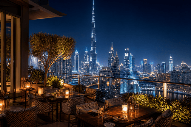 Rooftop restaurant with Dubai skyline view