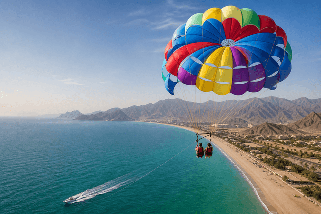 Parasailing over UAE beach waters