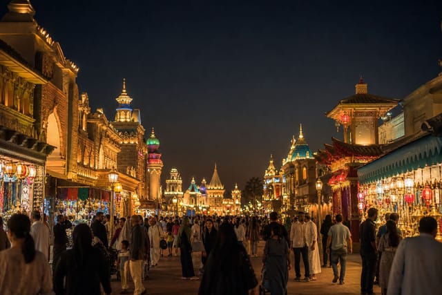 Festival pavilions and lanterns at night